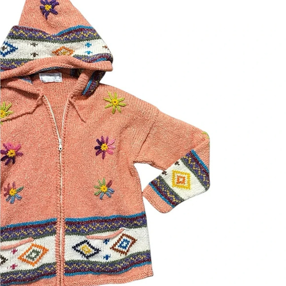 Handmade Vintage Colorful Knit 100% Wool Hooded Cardigan - Picture 3 of 6